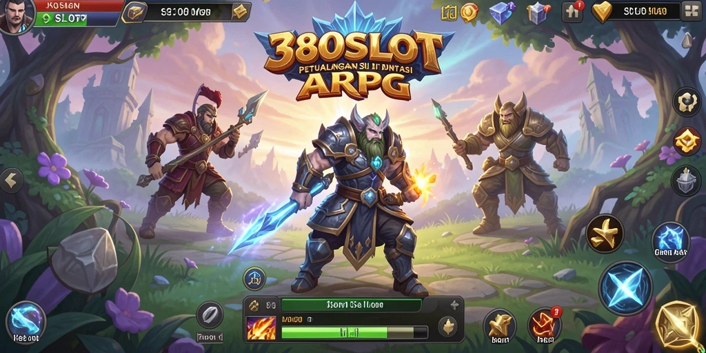Screenshot gameplay <strong>380SLOT</strong> menampilkan pertarungan epik di dunia fantasi.