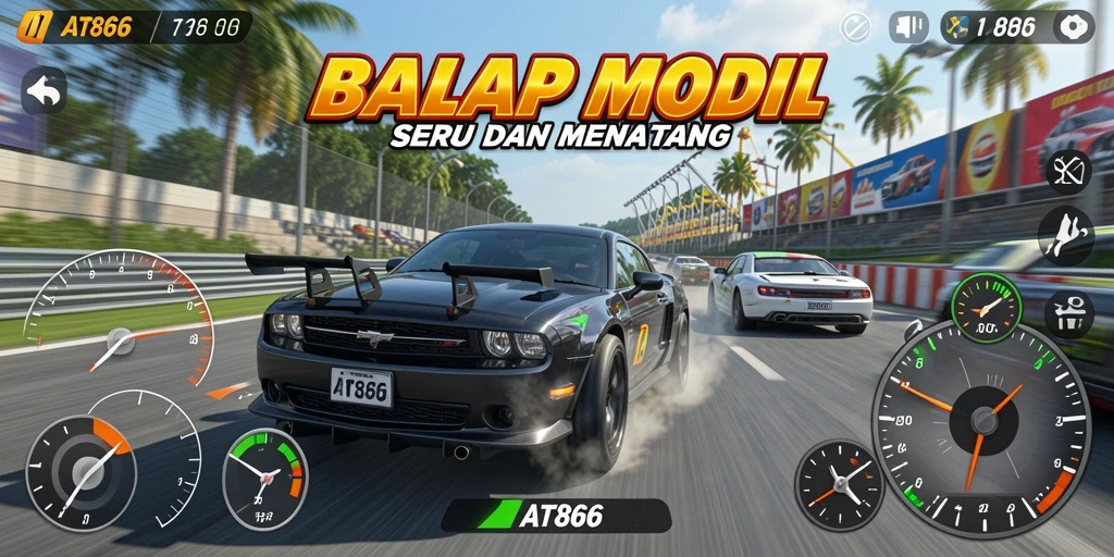 Screenshot AT866 menampilkan aksi balap mobil yang seru.