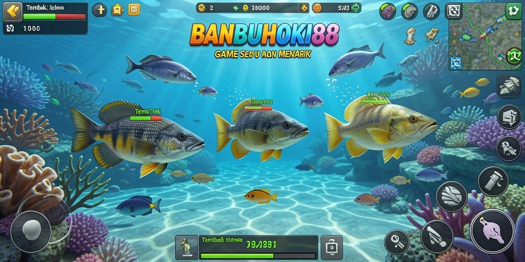 Tampilan gameplay seru dalam BANBUHOKI88 dengan berbagai ikan menarik.