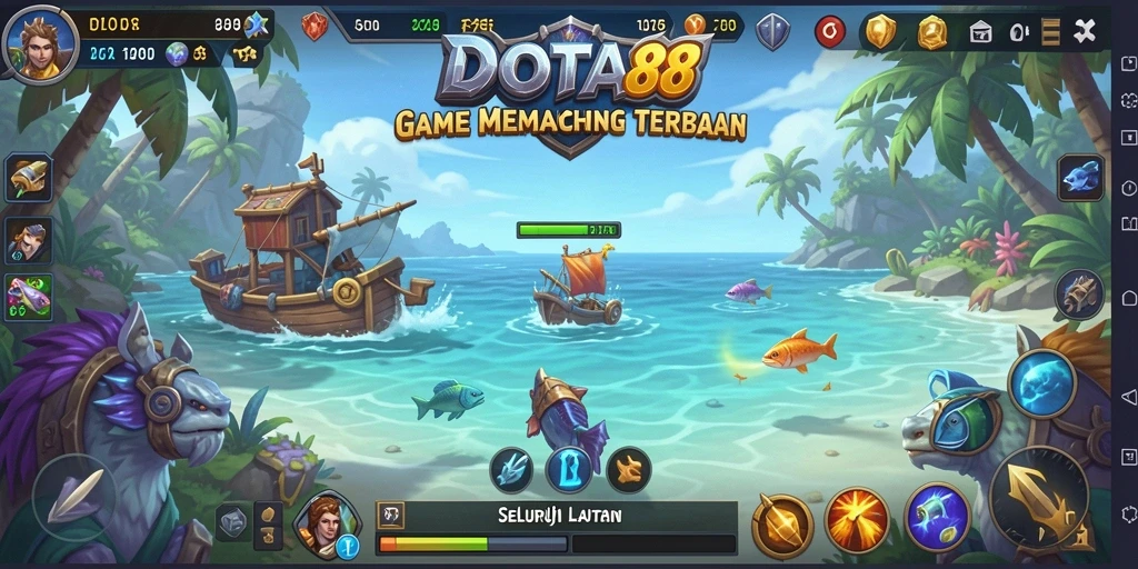Tangkapan layar DOTA88 menampilkan aksi memancing di lautan biru yang indah.