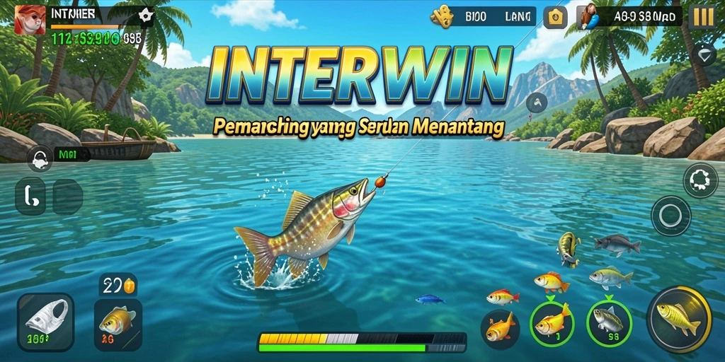 Tangkapan ikan besar di dalam game INTERWIN dengan latar belakang laut yang indah.