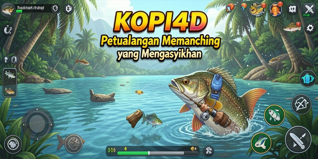 Gameplay KOPI4D yang menampilkan petualangan memancing di alam terbuka.