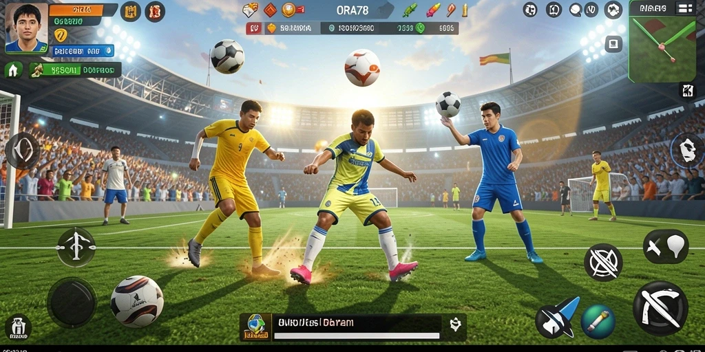 Tangkapan layar gameplay ORA78 menampilkan aksi seru dalam pertandingan olahraga.