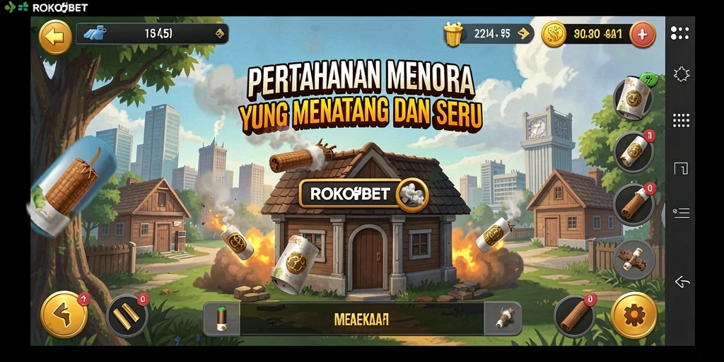 Tampilan gameplay seru ROKOKBET dalam pertahanan menara.