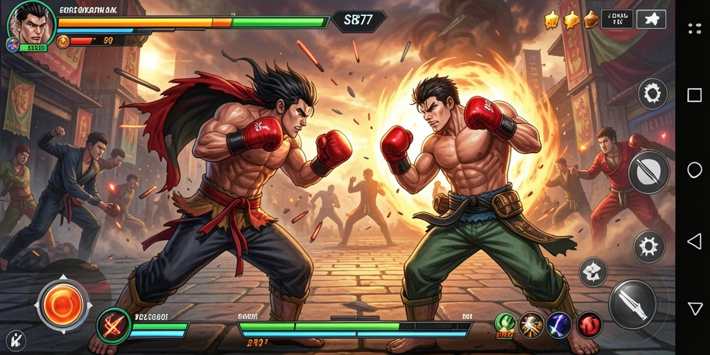 Screenshot SR877 menunjukkan pertarungan seru dengan gerakan karakter yang dinamis.