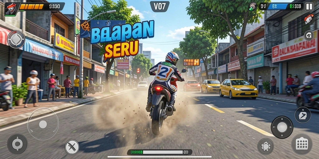 Screenshot gameplay V07 menampilkan balapan intens di jalanan kota.